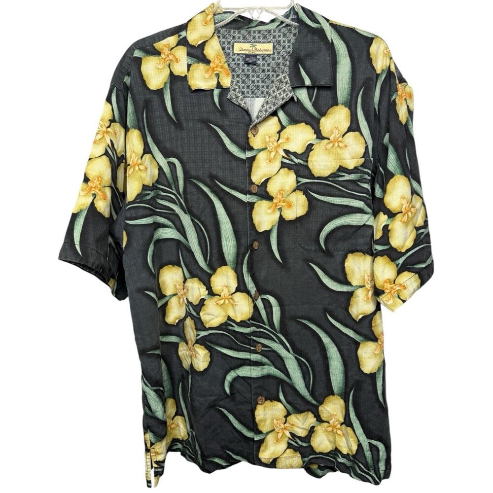 Tommy‎ Bahama Silk Hawaiian Shirt Men's Large Black Yellow Floral Short Sleeve